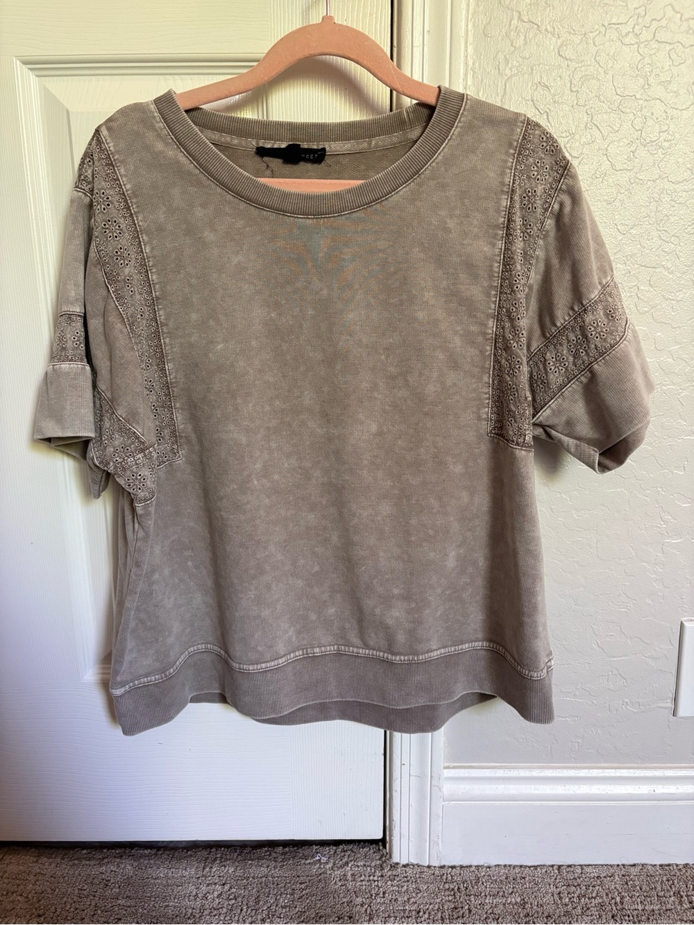Jane and Delancey Washed Taupe Short Sleeve Top with Eyelet Trim